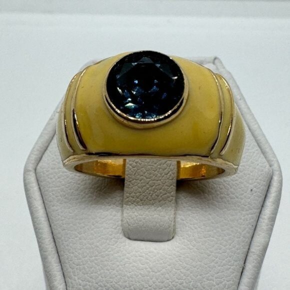 18K Yellow Gold Technibond Plated Ring Blue Topaz size 9 Yellow Enamel - Picture 4 of 9